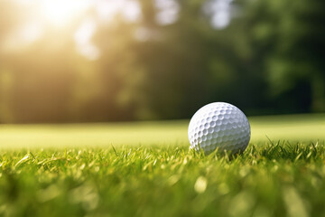 Obraz premium Sunny Day on the Green Fairway, Golf Ball Close-Up. Generative AI