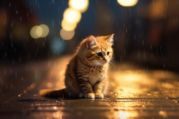 Sad wet kitten in the rain on a city street at night. Abandoned cat. Generative AI. - 620086378