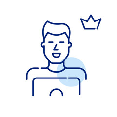 Premium user at laptop. Smiling young man with crown symbol. Pixel perfect, editable stroke icon