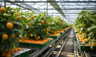 Modern farming citrus fruit growing in greenhouse with automated harvesting, climate controlled pesticide free growing of produce AI generated