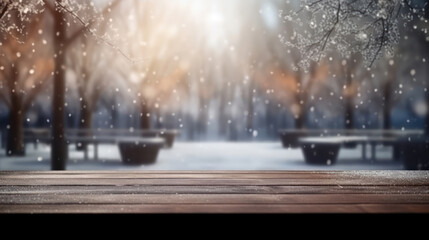 Empty dark wooden table and snow blurred background