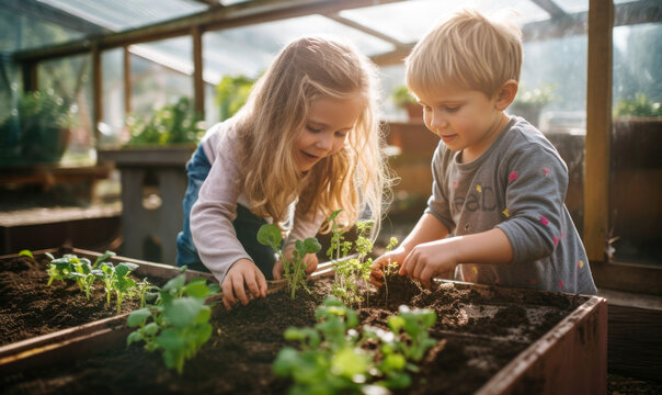 Young children learning to grow their own herbs vegetables produce, happy childhood planting seeds learning the homestead lifestyle, connected to the earth generative AI