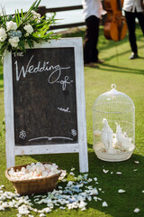 
Wedding attributes on a green lawn and rose petals, a wooden black board with the inscription...