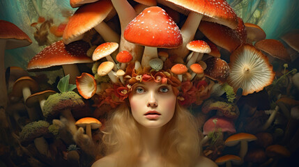 A beautiful young girl in the image of a mushroom queen.