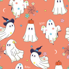 Seamless pattern with magical cute happy ghosts. Vector graphics.