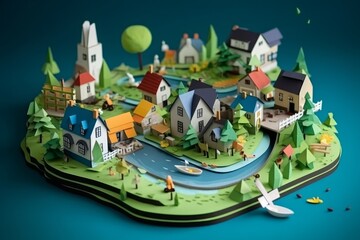 Happy cartoon paper style miniature scene on city green energy. Generative AI