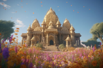 Hindu temple concept art painting 3d illustration with different colored flowers