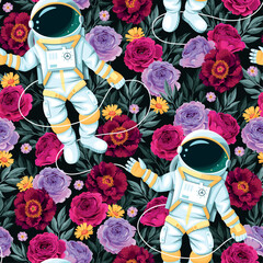 Astronaut and pink flowers vector seamless pattern - 620087182