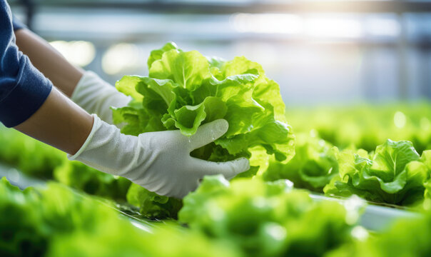 Hydroponic farm growing fresh organic lettuce vegetables, farmer technician harvesting produce, indoor greenhouse modern farming AI generated