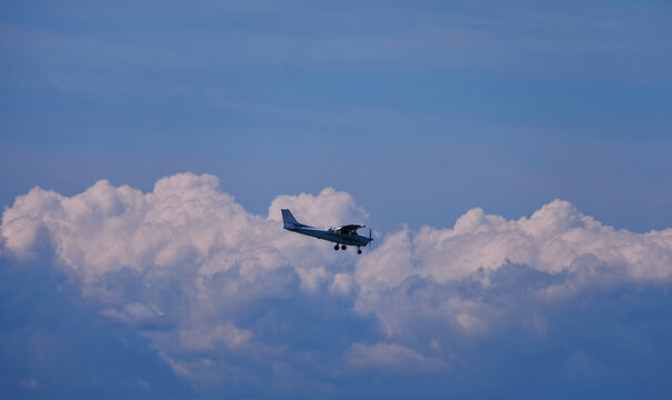 Private jet in action in the sky. Landing and take off. Private pilot license.