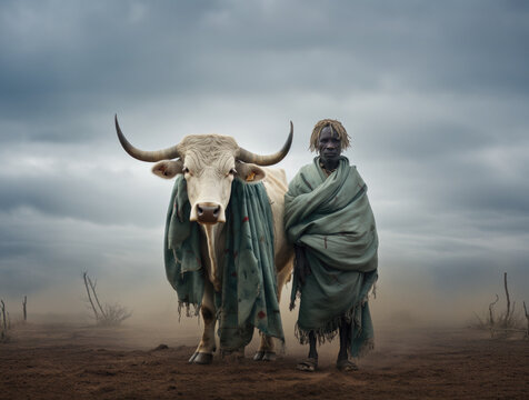 Environmental portrait of african cattle herder and his prized nguni zebu bull cow with large horns on dry desolate desert veld landscape, harsh africa elements outdoors generative AI