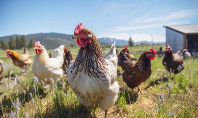 FLock of free range chickens roaming freely in lush green field with flowers, healthy pasture raised hens for organic eggs, small business homestead AI generated - 620087300