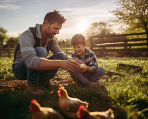 Father and son collecting eggs in the backyard at sunrise, learning a healthy homestead lifestyle, happy childhood on family farm AI generated - 620087328