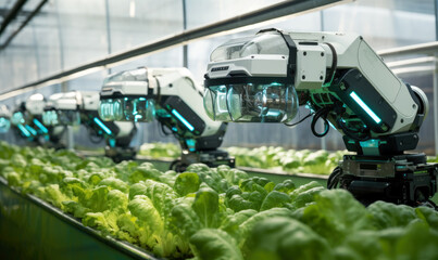 Futuristic farm equipment in greenhouse, modern agriculture technology transforming farming methods techniques, future of crop cultivation generative AI