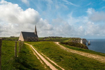 A church on the sunny cliffs and with a sea view in normandy France