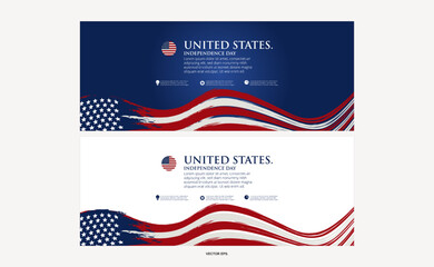 4th of July independence day poster, banner, flyer, background, template, with the greeting, usa flag waving ribbon, bunting decoration, and American famous landmarks in the background.