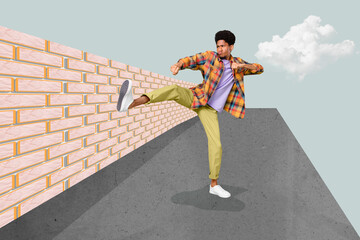 Template collage picture of funny guy sportsman kick leg bricks wall breaking destroy crashing problems isolated on drawing background