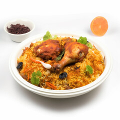 Restaurant style spicy chicken biryani in white bowl popular indian food