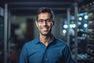 Fototapeta premium Young South Indian Man Working as Engineer or Scientist in Technology Research Facility. AI Generative