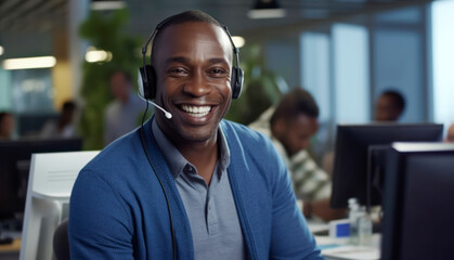African Man wearing headphones and working with laptop, smiling and looking at camera. AI Generative