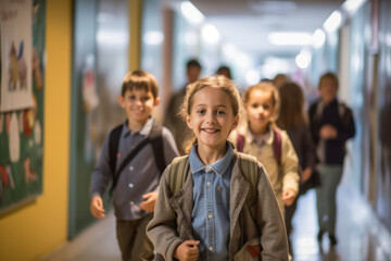Fototapeta premium Smiling school students standing together in school corridor. ai generative