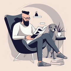Illustration of a man with glasses and a beard in casual clothes reading a book in his chair with his dog next to him, isolated from a blank background generative ai.
