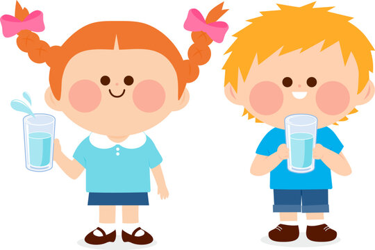 Children, a girl and a boy hold glasses of water and drink. Vector Illustration