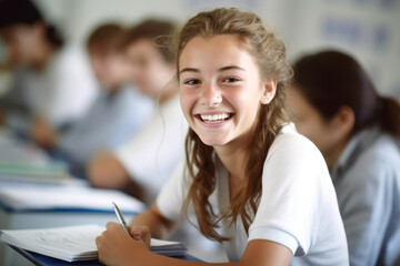 Fototapeta premium Happy student posing in a classroom. AI Generative