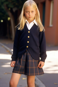 Portrait of a teenage girl, long blonde hair, wearing a shirt and shorts, school corridor. AI Generative