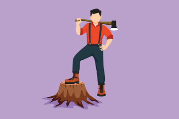 Cartoon flat style drawing smiling lumberjack wearing shirt, jeans and boots. Holding on his shoulder a ax posing with one foot on a tree stump. Happy man with axe. Graphic design vector illustration