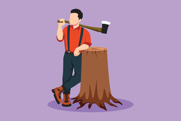 Cartoon flat style drawing lumberjack lean on the wood log. Wearing shirt, jeans and boots. Holding on his shoulder a ax. Lumberjack pose on the logging forest logo. Graphic design vector illustration