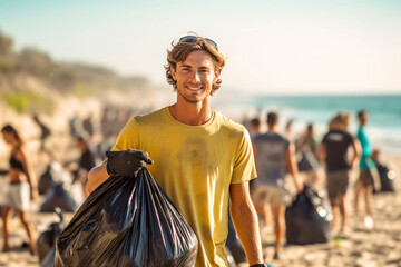female volunteer smiling looking at a camera picking up a plastic litter on a beach. AI Generative