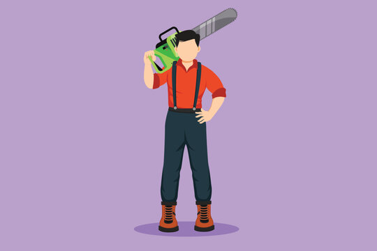 Graphic flat design drawing woodcutter holding chainsaw on his back or shoulder. Wearing suspender shirt, jeans, boots. Lumberjack pose on logging forest logo, icon. Cartoon style vector illustration