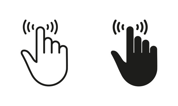 Pointer Finger Pictogram. Cursor Hand, Computer Mouse Line and Silhouette Black Icon Set. Click, Press, Double Tap, Touch Swipe Point Finger Gesture Symbol Collection. Isolated Vector Illustration