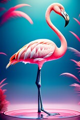 Beautiful pink flamingo standing in water. Generative Ai illustration.