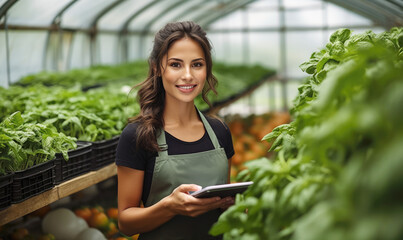 Woman smiling in greenhouse, small business owner growing fresh organic vegetables herbs, managing harvest yields and inventory levels for farmers market generative AI - 620089373