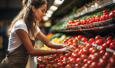 Woman working in supermarket grocery store packing the fresh produce on the shelves crates, selling raw vegetables fresh healthy lifestyle generative AI - 620089374