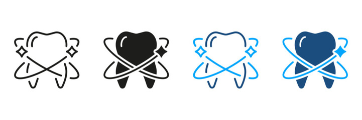 Dental Freshness and Protection Silhouette and Line Icon Set. Oral Hygiene, Healthy Mouth, Clean Tooth Pictogram. Teeth Whitening, Dental Treatment Symbol Collection. Isolated Vector Illustration