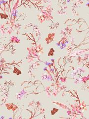 Floral seamless pattern with dried flowers and butterflies hand drawn in watercolor. Watercolor print for wallpaper, fabric with wildflowers and herbs - 620089792