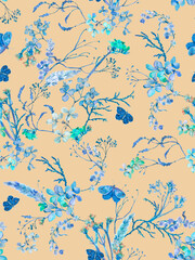 Floral seamless pattern with dried flowers and butterflies hand drawn in watercolor. Watercolor print for wallpaper, fabric with wildflowers and herbs