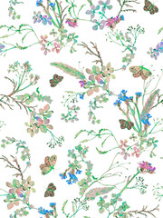 Floral seamless pattern with dried flowers and butterflies hand drawn in watercolor. Watercolor print for wallpaper, fabric with wildflowers and herbs