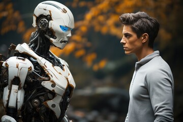 Human like robot talking to artificial intelligence, human robot relationship concept.