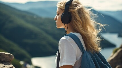 Woman listening to music with headphones enjoying view of nature top of mountain, Back view, Vacation time.