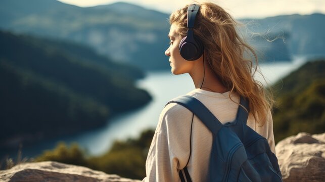 Woman listening to music with headphones enjoying view of nature top of mountain, Back view, Vacation time.