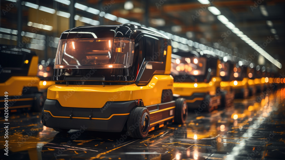 Poster Autonomous Robot transportation in warehouse, Factory 4.0 concept, Factory Automation with Automated Guided Vehicles.