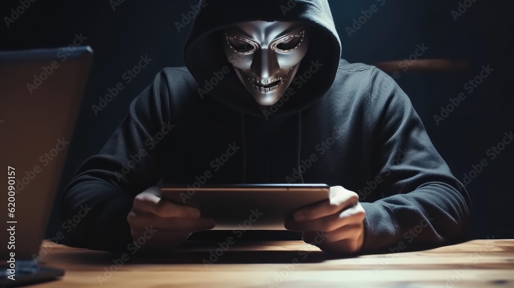 Leinwandbilder black hat wearing white mask hacker in hood using tablet on desk to hacking privacy sensitive data c