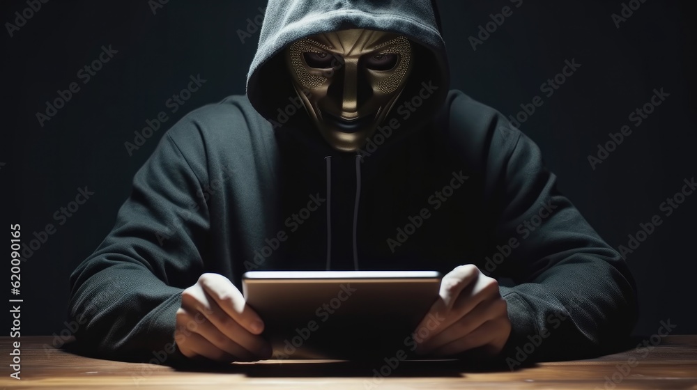 Fototapete black hat wearing white mask hacker in hood using tablet on desk to hacking privacy sensitive data c