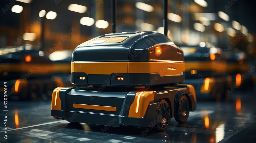 Poster Automated retail warehouse with robots efficiently sorting parcels, Automated Robotic Arm In Smart Distribution Warehouse
