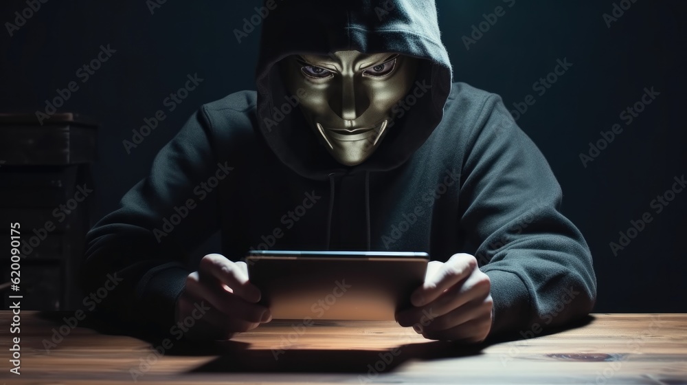 Leinwandbilder black hat wearing white mask hacker in hood using tablet on desk to hacking privacy sensitive data c