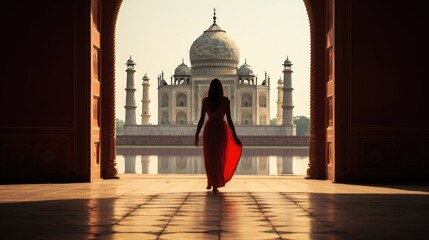 Rear view of woman looking at Taj Mahal, The magnificent Taj Mahal in India shows its full splendor at a glorious sunrise.